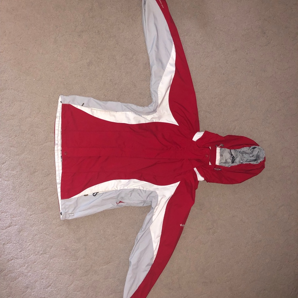 Red, white, and gray Colombia winter jacket